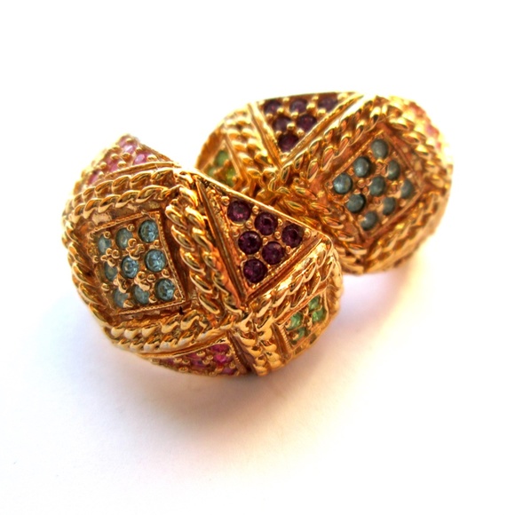 ✨ D'ORLAN 22K Gold Plated Pastel Multicolour Swarovski Crystal Half Hoops Signed - Picture 2 of 15